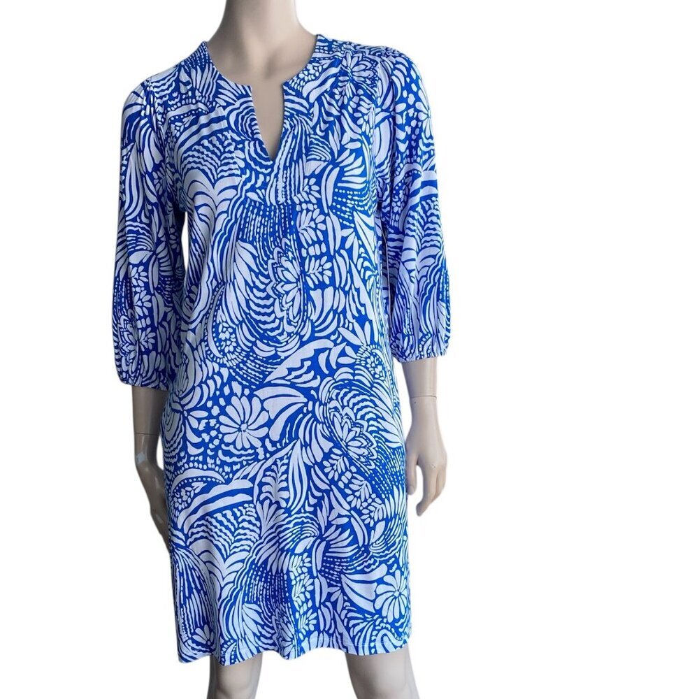 Tribal NWT Blue White Abstract Floral Shift Dress Sm 6/8​​